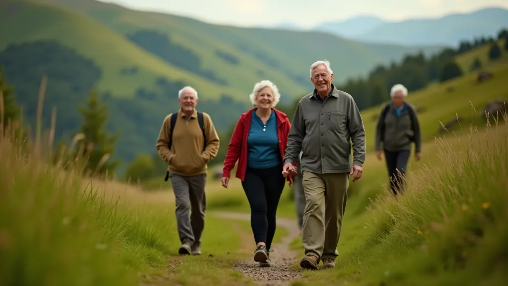 Group of older adults walking together on a mountain trail, smiling and enjoying conversation