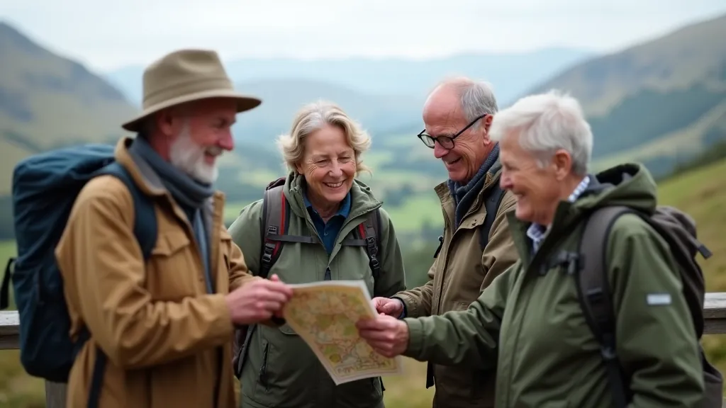 Group of hikers gathered at a scenic viewpoint on Slieve Bloom, discussing the trail ahead with maps in hand