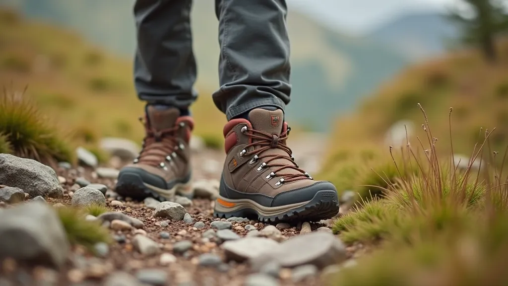 Close-up of hikers' feet and legs walking on a rocky mountain path, showing various hiking boots and outdoor gear