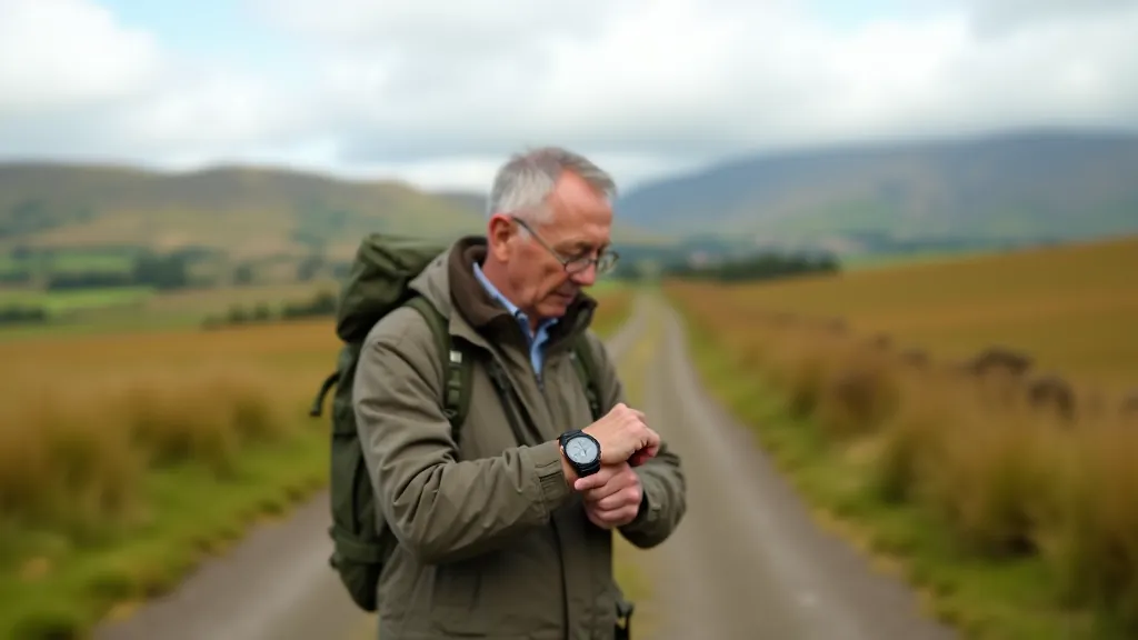 Older man checking watch on wrist while walking on flat country lane with fields stretching behind him