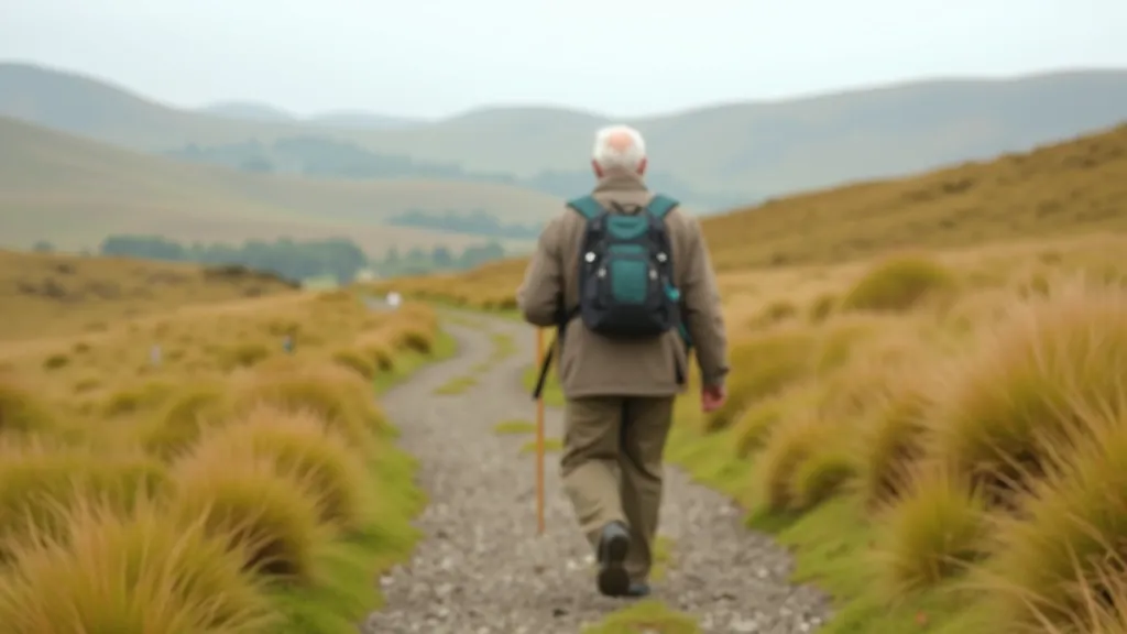 Older adult hiking solo on a scenic trail, looking confident and comfortable, with trail markers visible in the background