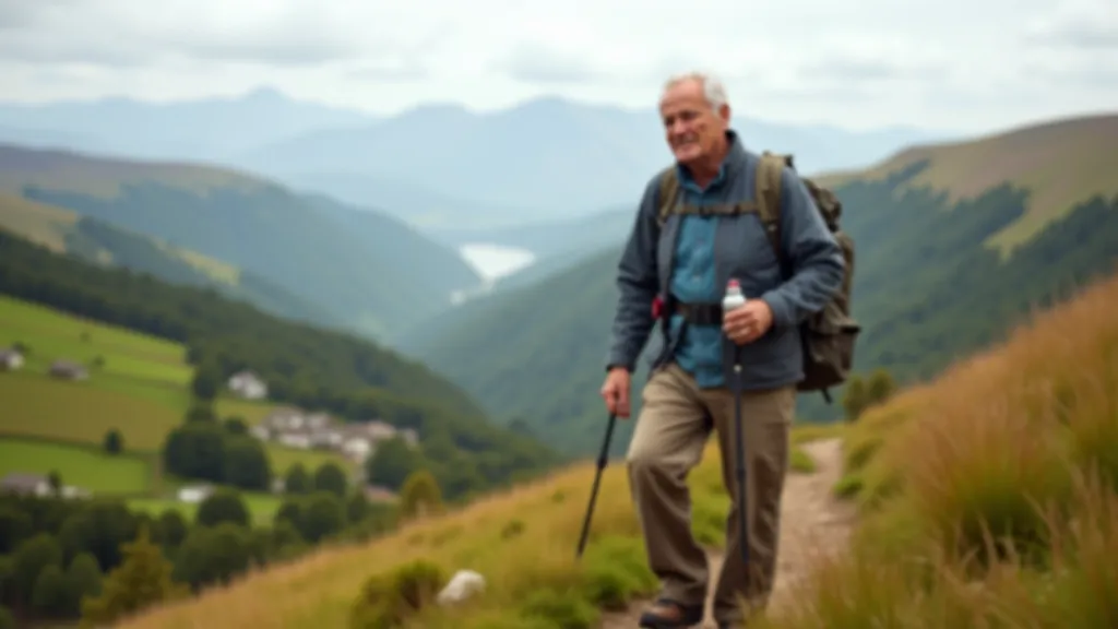 Hiker with backpack and water bottle, taking a rest break on a scenic trail overlook