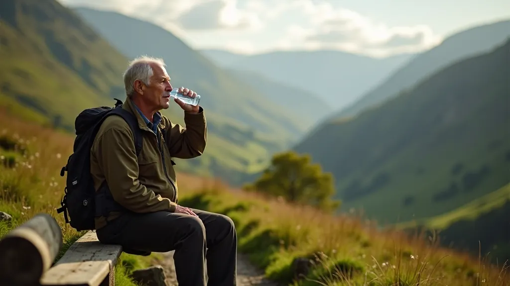 Hiker sitting on a trail taking a rest break with water bottle