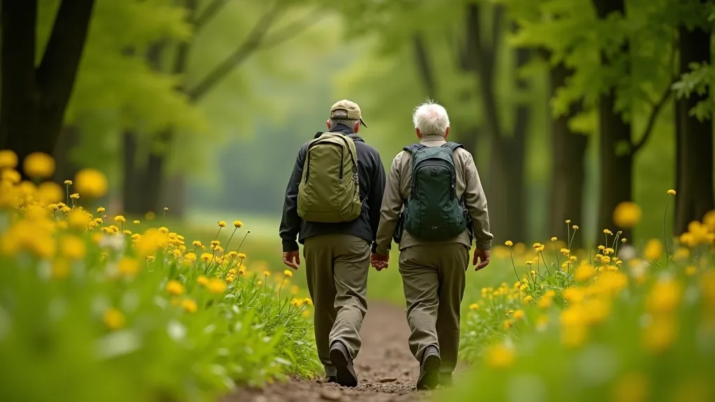 Older couple hiking on a gentle forest trail in Slieve Bloom Mountains with green trees