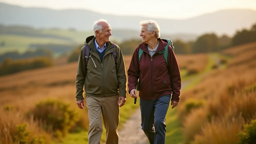 Two hikers walking side by side on a well-marked trail through green moorland, enjoying conversation during their walk