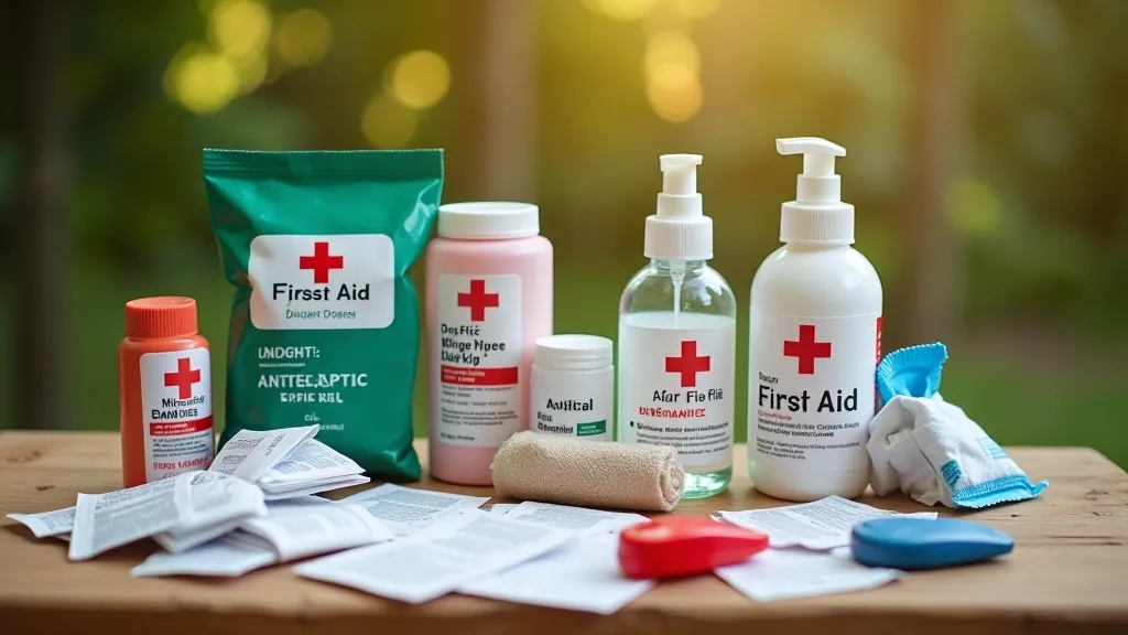 First aid kit and emergency supplies laid out on a table