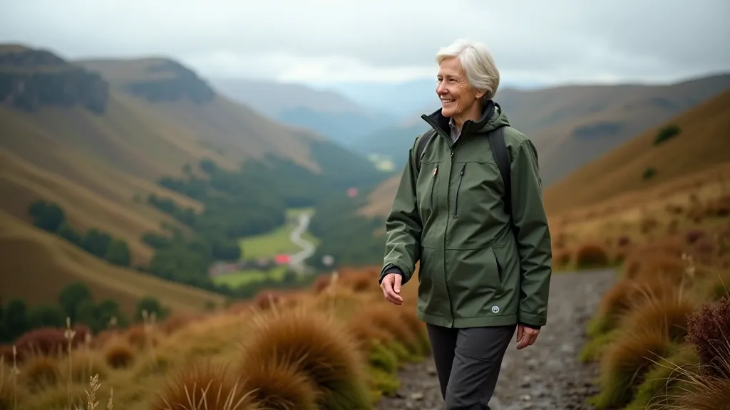 Older adult woman wearing hiking boots and waterproof jacket, standing on a mountain trail overlooking green valleys and distant hills